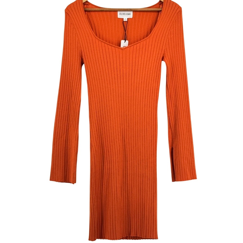 Olive + Oak Orange Flame Ribbed Knit Long Sleeve Mini Dress Womens M NWT Bodycon